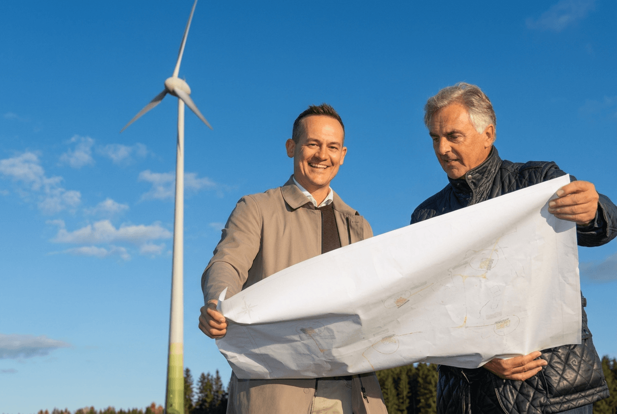 LEOGA Team bei der Projektplanung vor Windkraftanlage